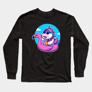 Cute Unicorn With Flamingo Swimming Tires Cartoon Long Sleeve T-Shirt